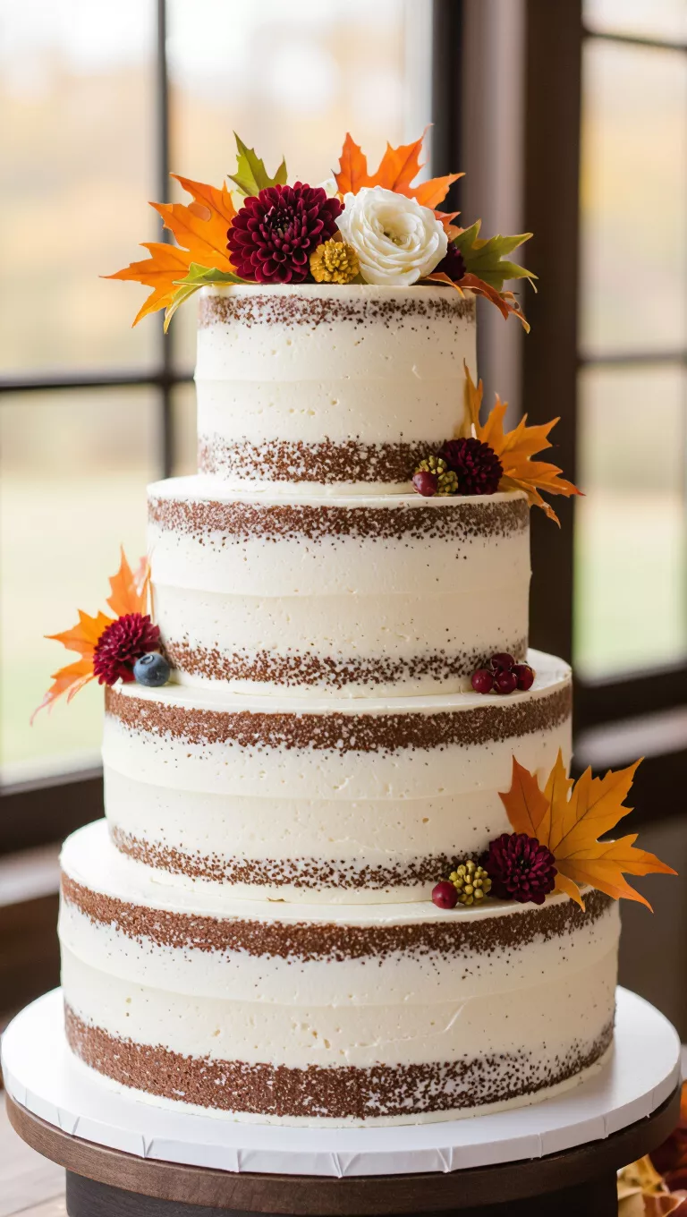 A professional photo, similar to a photo in a wedding magazine, of a multi-tiered naked chocolate wedding cake with visible layers, minimalist frosting, and fall-themed garnishes.