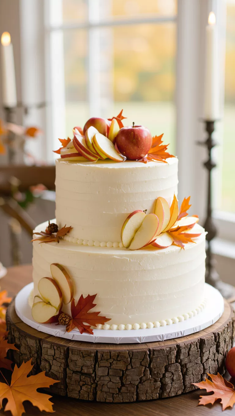 A professional photo, similar to a photo in a wedding magazine, of a two-tier fall wedding cake adorned with delicate, fresh or candied apple slices and subtle autumnal garnishes.