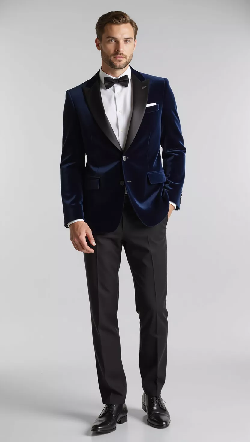 A professional photo, similar to a photo in a wedding magazine, of a man wearing a plush navy velvet blazer, tailored black dress pants, a white dress shirt, and a bow tie.