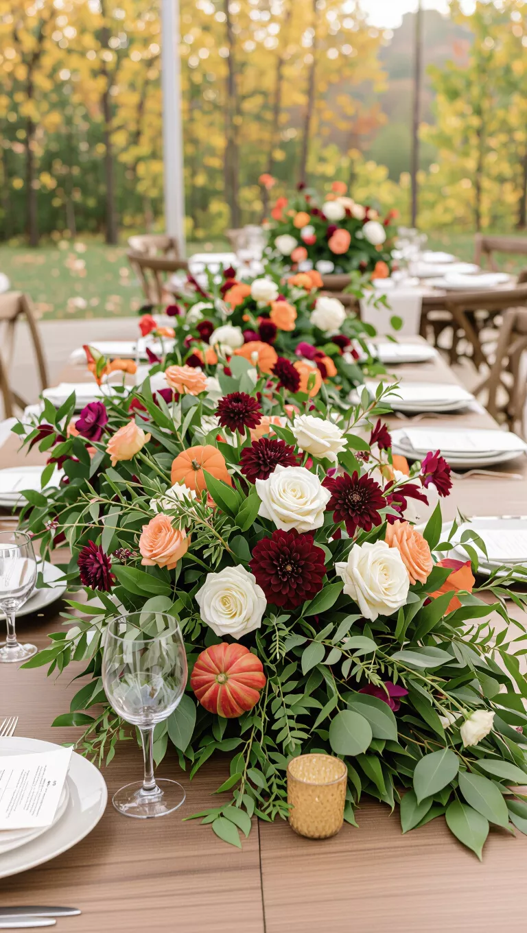 A professional photo, similar to a photo in a wedding magazine, of a fall wedding table with a flowing centerpiece composed primarily of various types of lush, deep green foliage.