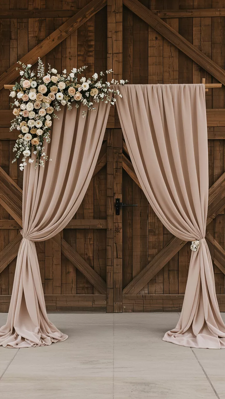 A professional photo, similar to a photo in a wedding magazine, of taupe colored draping fabric used as a backdrop for a rustic chic wedding ceremony.