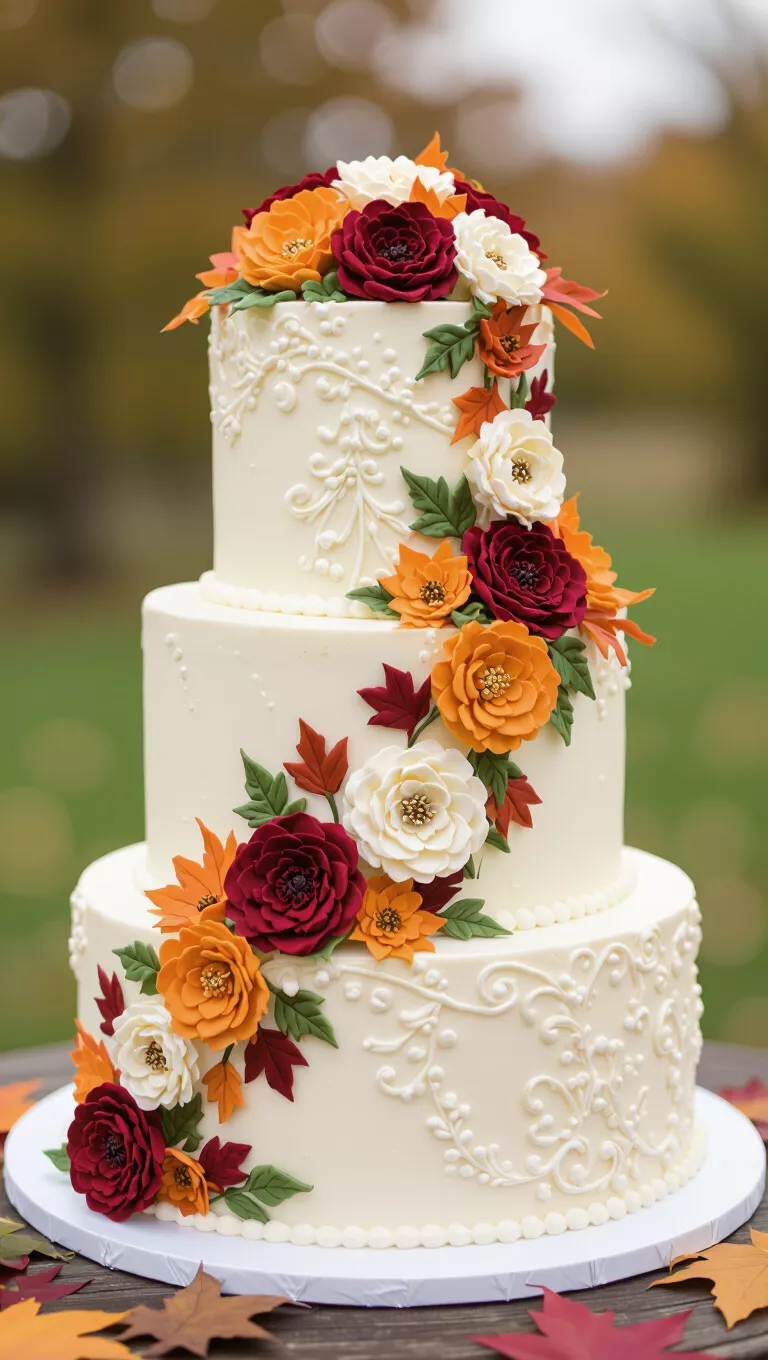A professional photo, similar to a photo in a wedding magazine, of a fall wedding cake featuring intricate hand-piped floral designs in autumnal colors, showcasing detailed buttercream work.