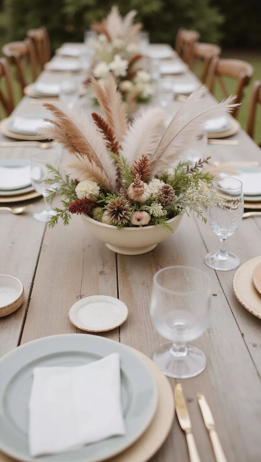 A professional photo, similar to a photo in a wedding magazine, of a fall wedding table with a whimsical centerpiece incorporating soft, ethically sourced feathers in earthy tones.