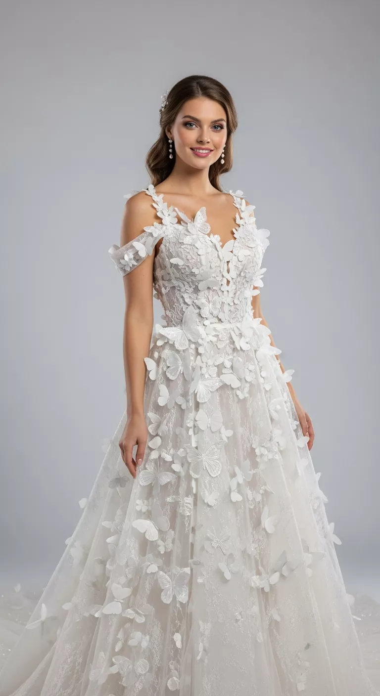 Butterfly Appliqued Wedding Dress A beautiful woman poses confidently in a Butterfly Appliqued Wedding Dress, clean studio background, pale gray, studio lighting.