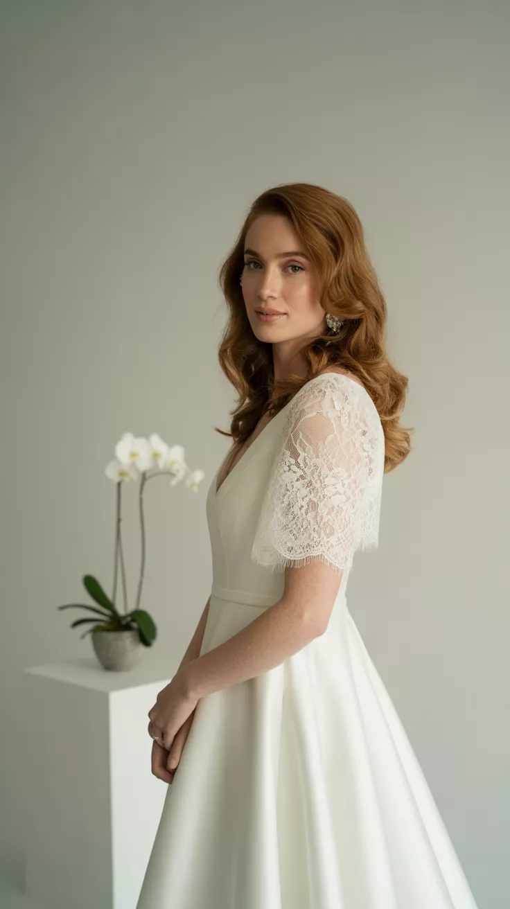 A-line Wedding Dress with Lace Sleeves A beautiful woman poses confidently in an A-line Wedding Dress with Lace Sleeves, clean studio background, pale gray, studio lighting.
