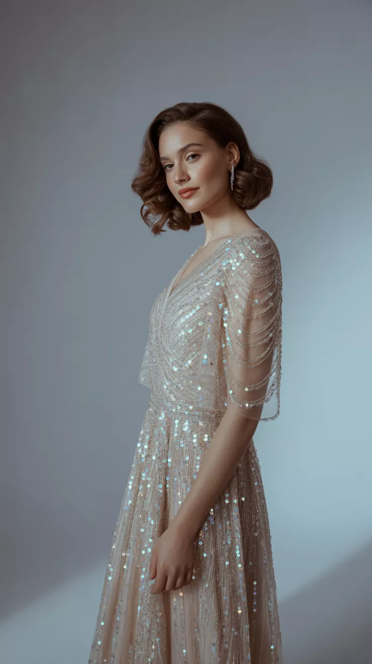 Sequin Wedding & Evening Dress A beautiful woman poses confidently in a Sequin Wedding & Evening Dress, clean studio background, pale gray, studio lighting.