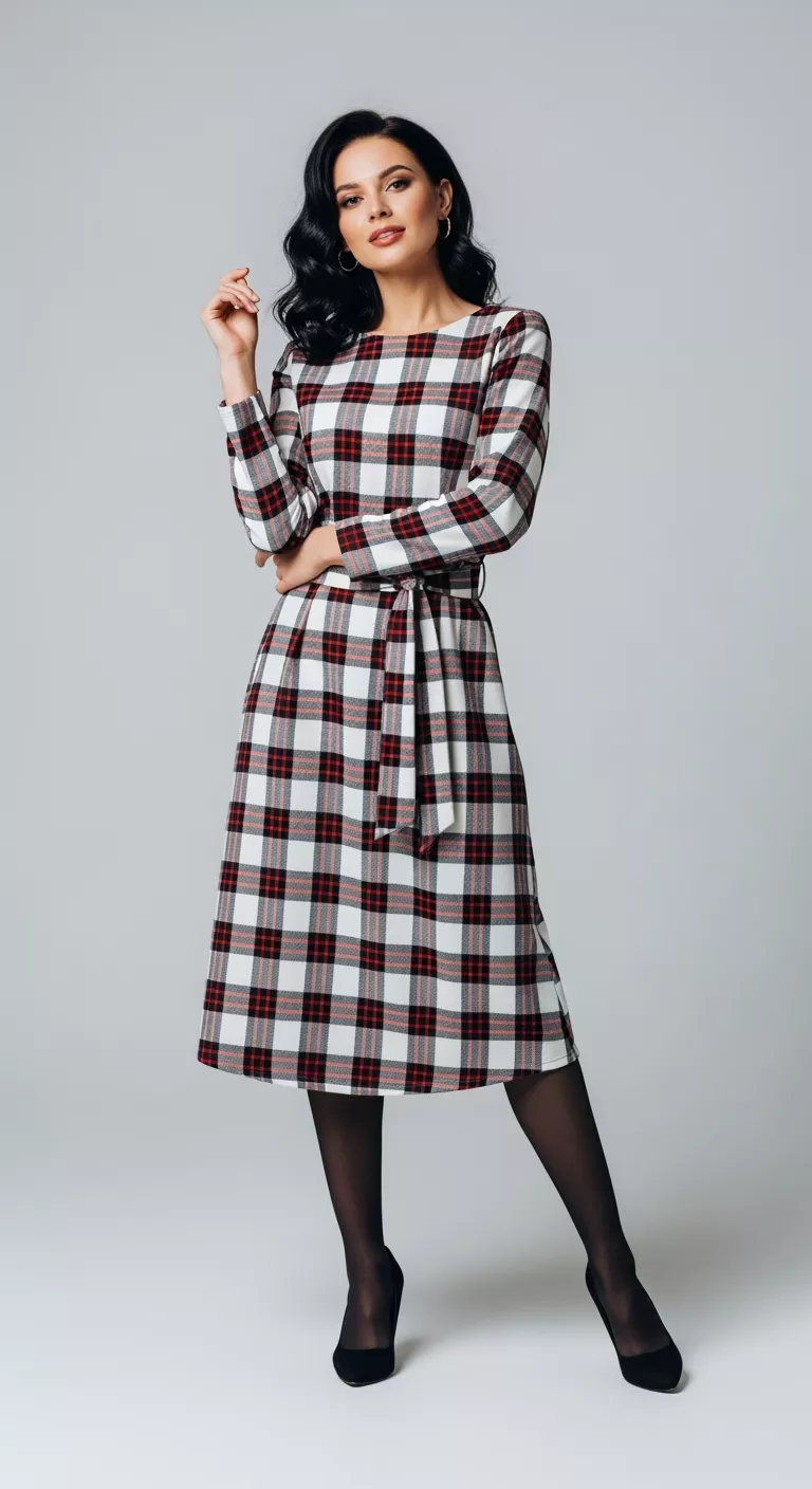 A beautiful woman poses confidently in a plaid midi dress with belted waist, clean studio background, pale gray, studio lighting.