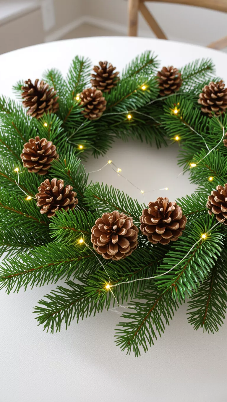 A photo of a festive centerpiece featuring a lush evergreen garland interwoven with natural pinecones and subtle fairy lights.