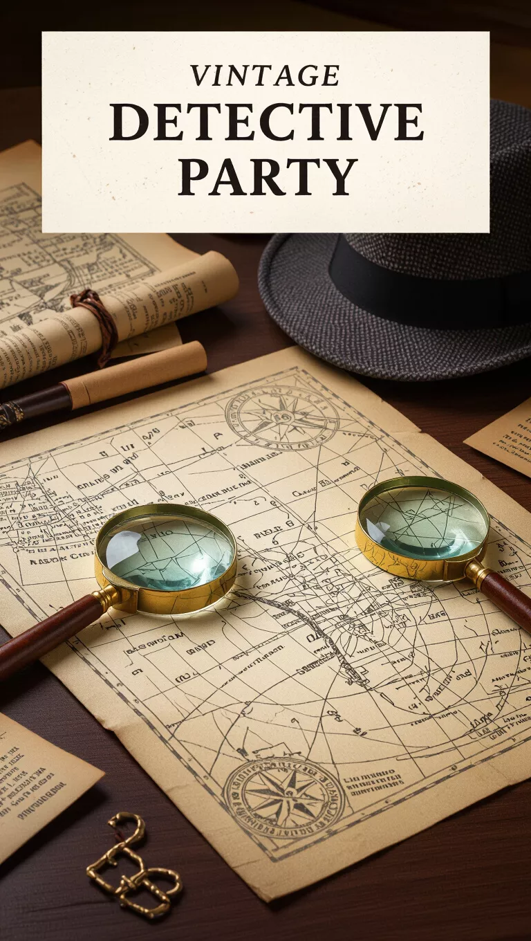 A photo of a vintage detective party setup with magnifying glasses, old maps, and secret clues.