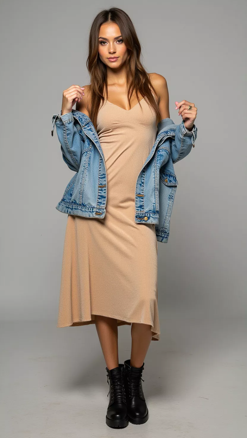 Denim Jacket over a Beige Dress A beautiful woman in a beige dress, denim jacket, black boots, female fashion model full body shot, editorial style photography.