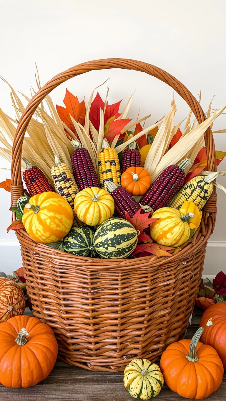 A photo of a large wicker harvest basket filled with colorful Indian corn, decorative gourds, and autumn leaves.