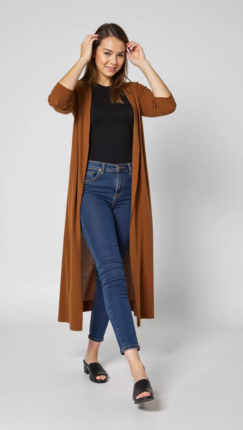 Long Cardigan for Layering A beautiful woman in a black shirt, blue jeans, and a long brown cardigan, female fashion model full body shot, editorial style photography.