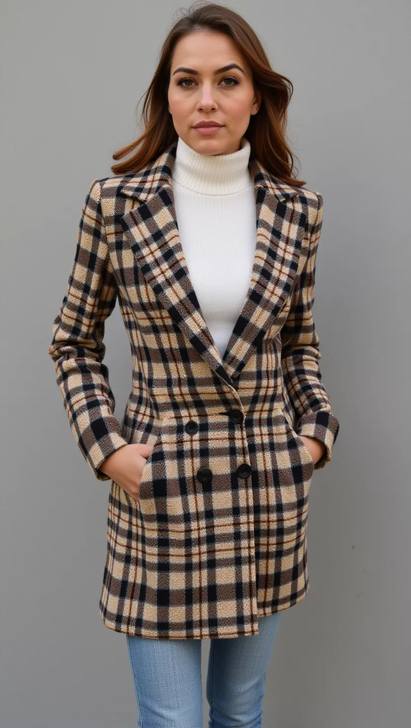 Plaid Coat Panache A beautiful woman in a plaid double-breasted coat in shades of brown, black, and cream, worn over a white turtleneck and jeans, female fashion model full body shot, editorial style photography.