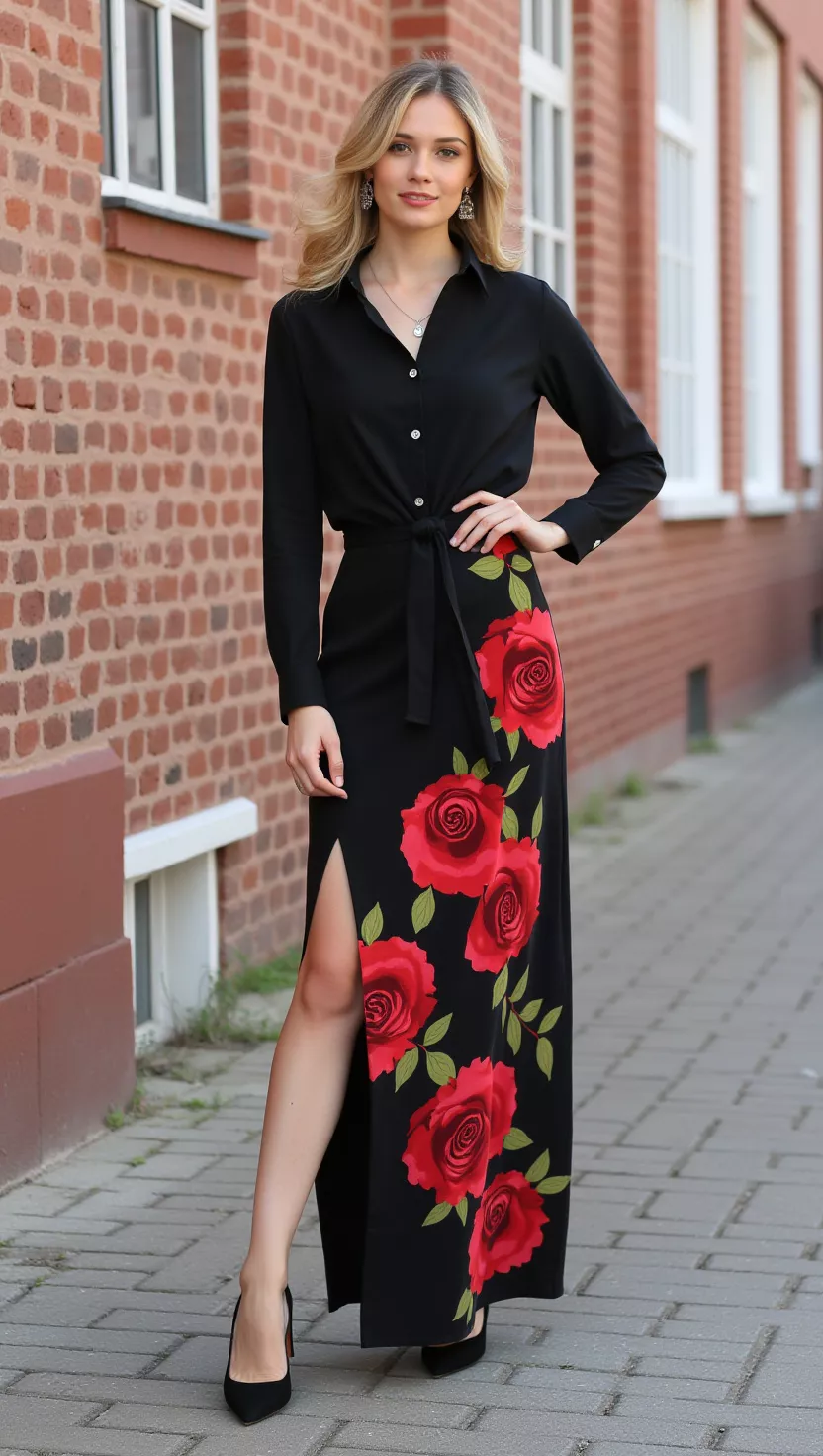 A beautiful woman in a black knotted button-down shirt, a black maxi skirt with large red rose print, and pointed-toe heels, female fashion model full body shot, editorial style photography.