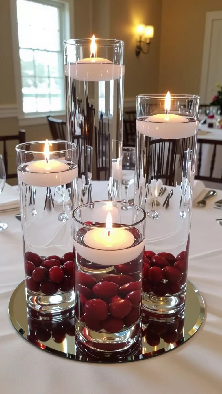 A photo of an enchanting centerpiece with clear glass vases of varying heights, holding floating candles and cranberries at the base.