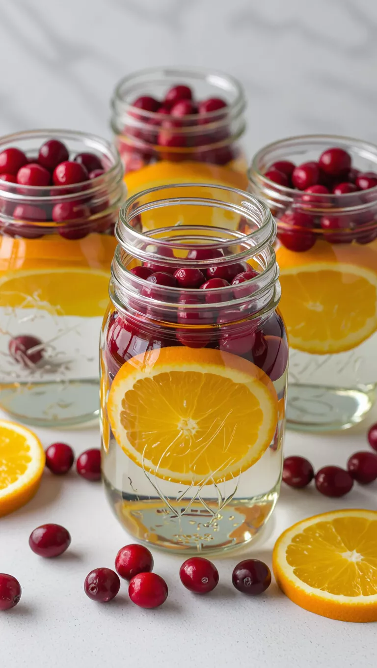 A photo of a vibrant centerpiece with clear mason jars filled with fresh cranberries, orange slices, and a touch of water.