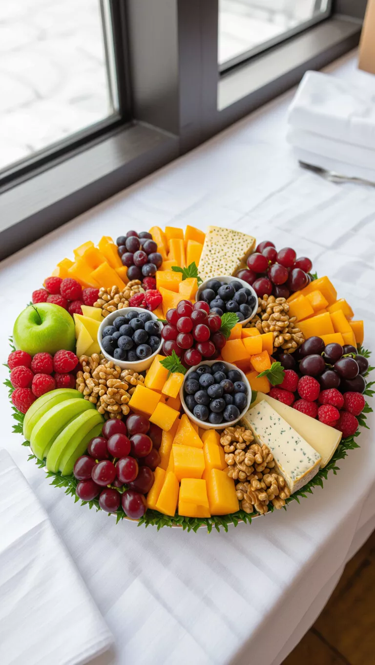 A photo of an abundant edible centerpiece platter, featuring artfully arranged seasonal fruits, nuts, and artisanal cheeses.