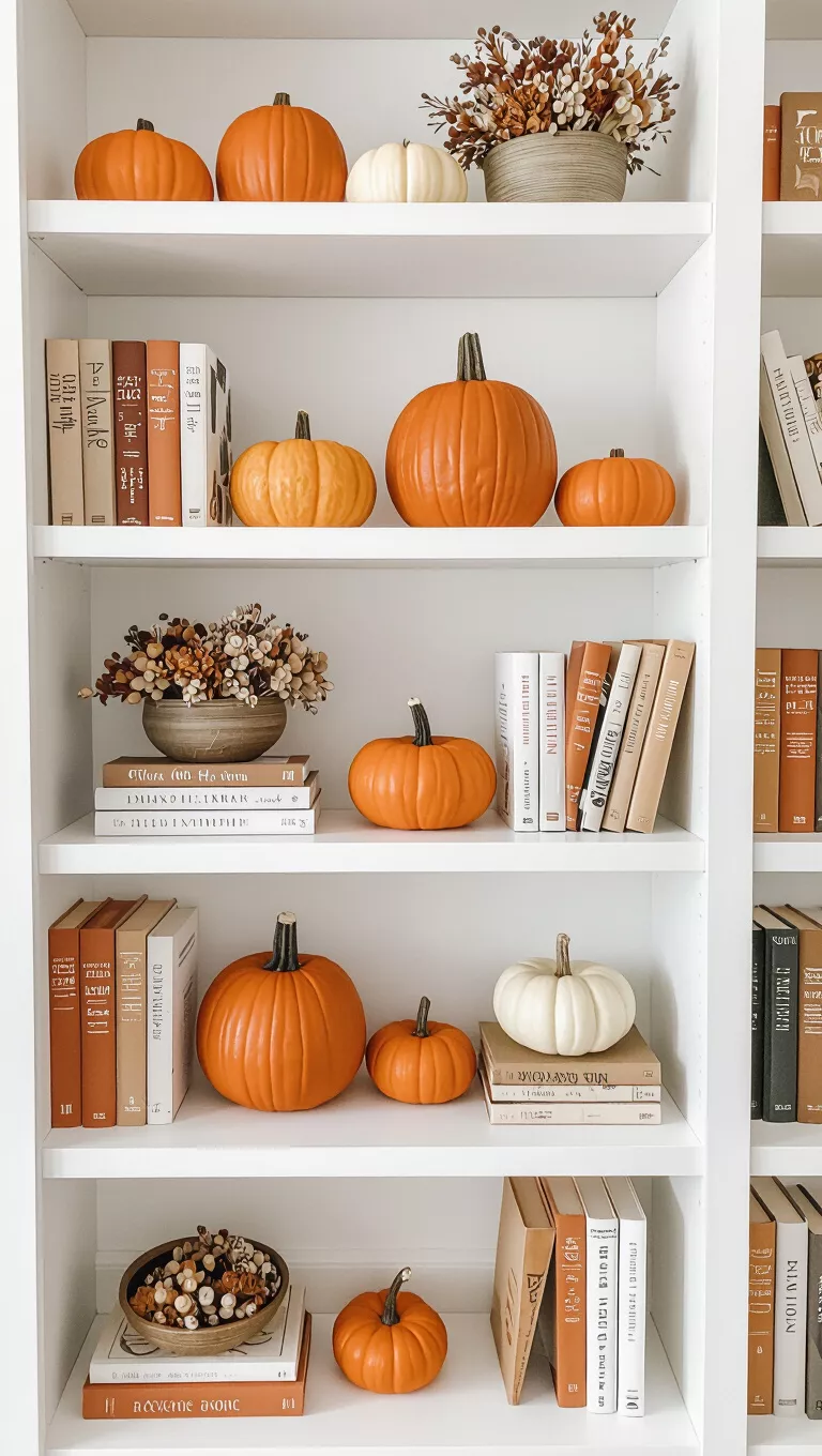 A photo of a bookshelf shelf decorated with small pumpkins, dried floral arrangements, and autumn-themed books.