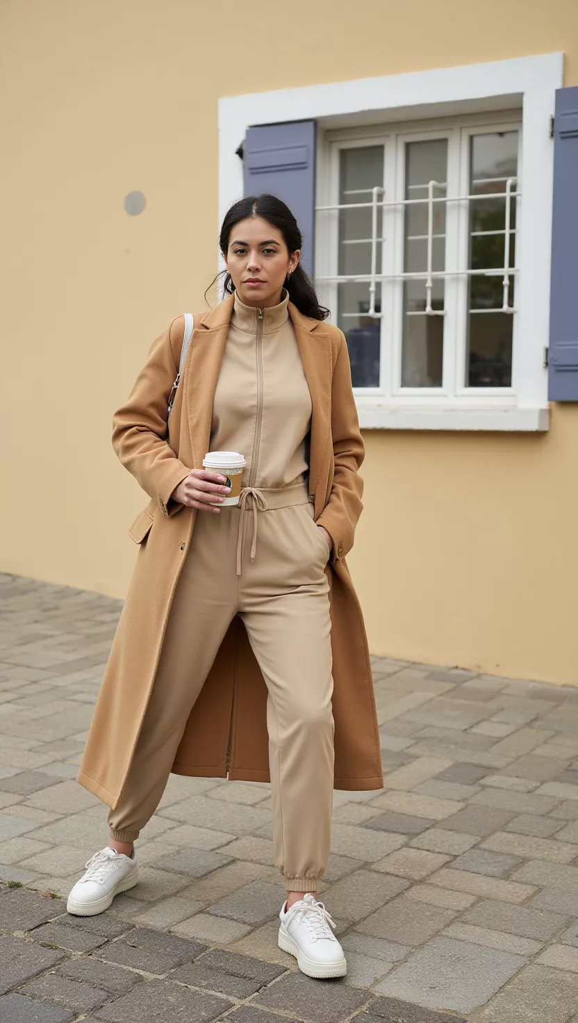 Cozy Tracksuit with a Long Coat A beautiful woman in a beige tracksuit, long brown coat, and she carries a coffee, female fashion model full body shot, editorial style photography.