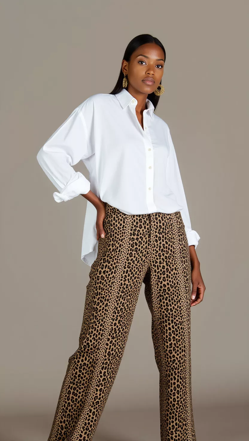 Leopard Print Pants for a Bold Statement A beautiful woman in a white oversized shirt, leopard print pants, female fashion model full body shot, editorial style photography.