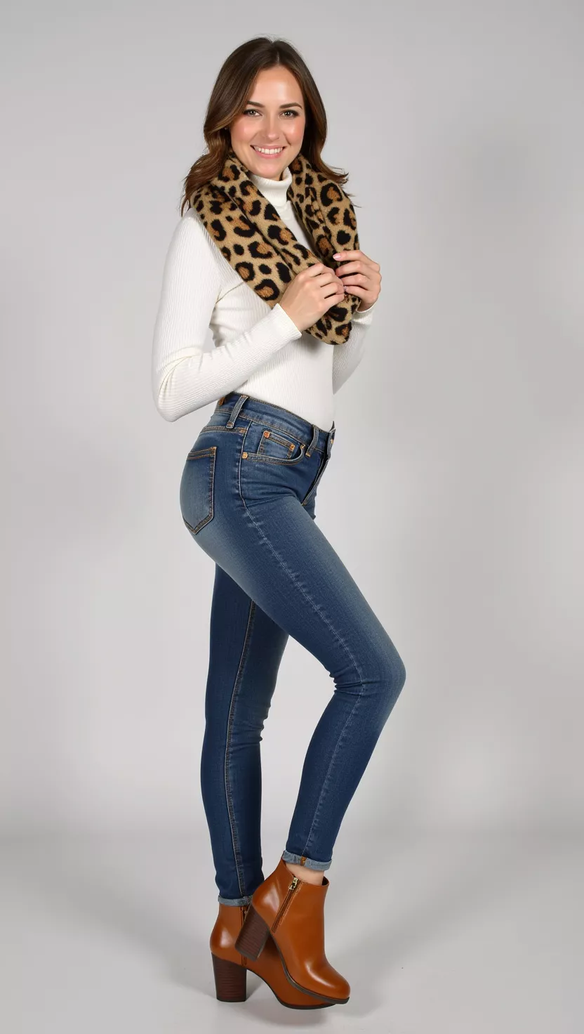 Leopard Print and Lounge Ready A beautiful woman in a white turtleneck, jeans, a leopard print scarf, and brown ankle boots, female fashion model full body shot, editorial style photography.