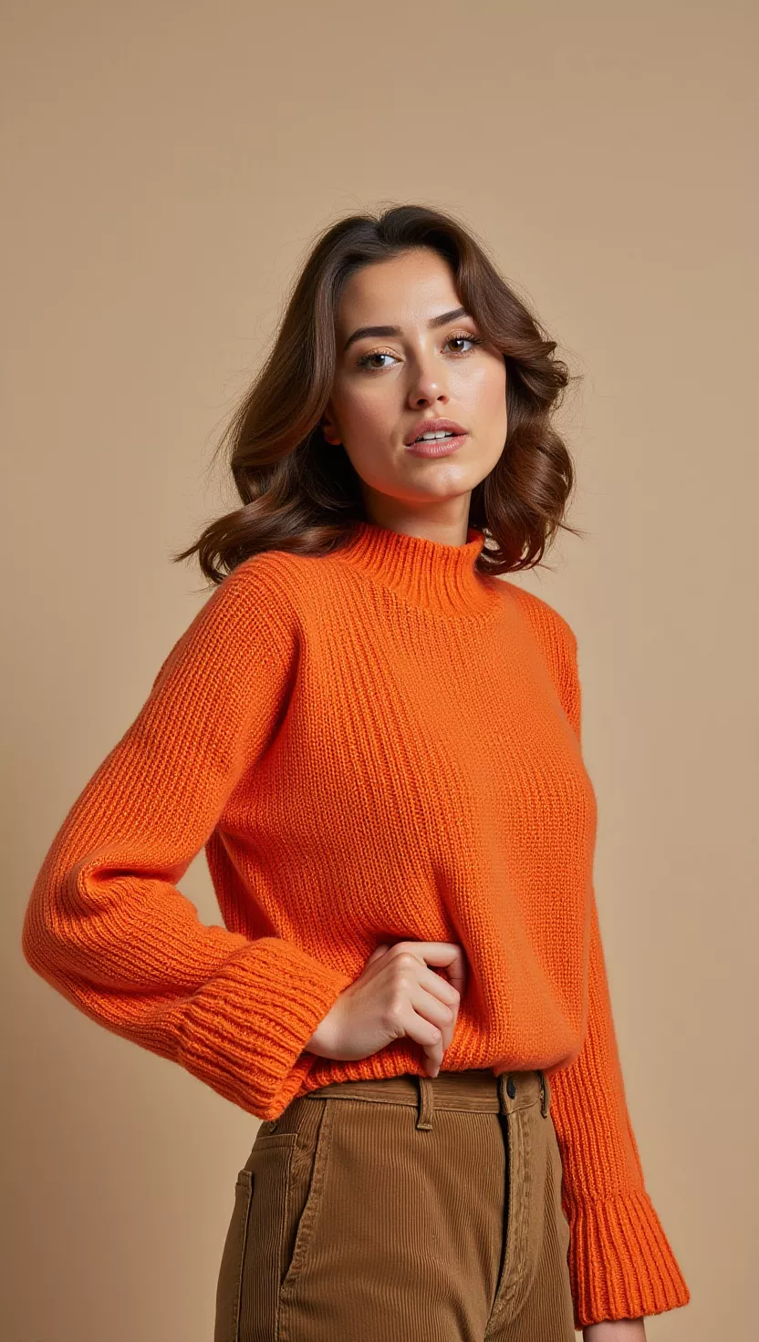 Orange Oversized Obsession A beautiful woman in an oversized orange knit sweater with wide cuffs, female fashion model full body shot, editorial style photography.