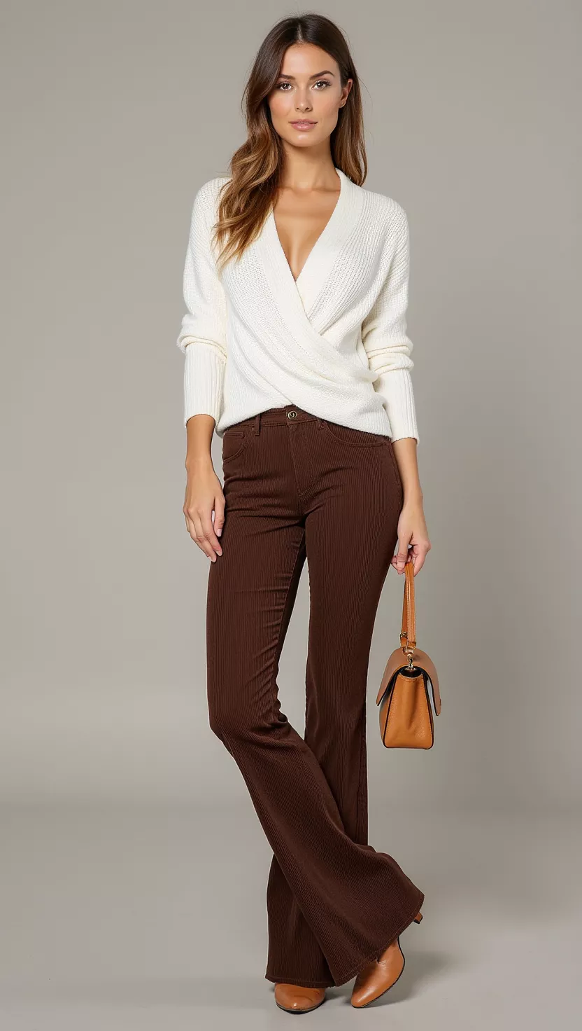 A beautiful woman in a white wrap sweater, dark brown flare corduroy pants, and tan heels, holding a matching tan purse, female fashion model full body shot, editorial style photography.
