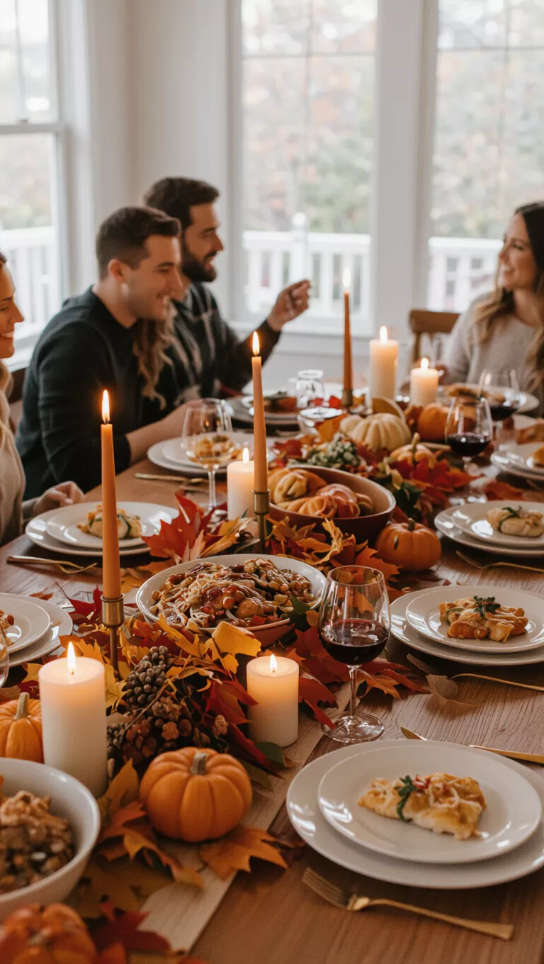 A photo of a warm Friendsgiving party with a long table adorned with autumn foliage, candles, and abundant food.
