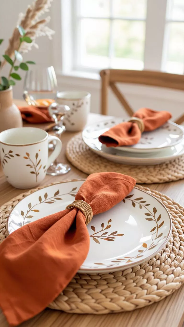 A photo of a table set for a Thanksgiving meal, with ceramic plates adorned with subtle leaf patterns, matching fabric napkins in warm earthy tones, and a woven placemat beneath each setting.