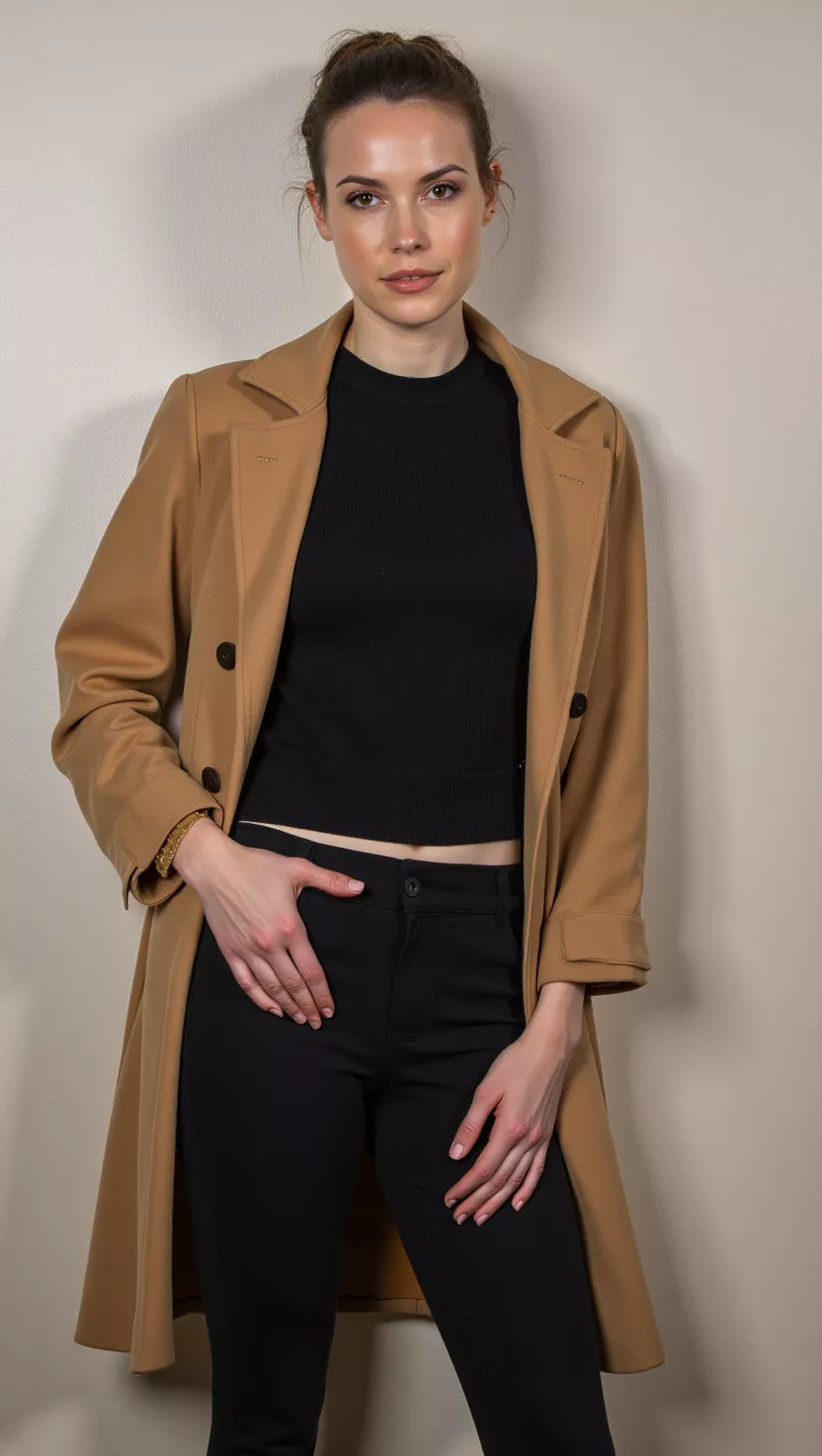 Tan Coat and Black Leggings A beautiful woman in a black top, black leggings, and a tan coat, female fashion model full body shot, editorial style photography.