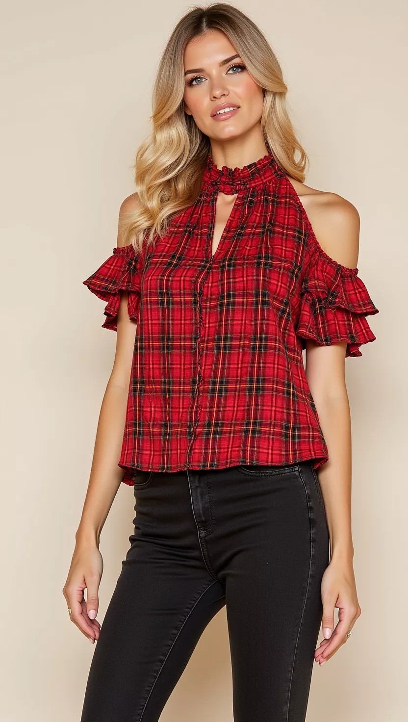 Ruffled Plaid Perfection A beautiful woman in a red and black plaid short-sleeved blouse with a ruffled high neck and ruffled cuffs, paired with dark jeans, female fashion model full body shot, editorial style photography.
