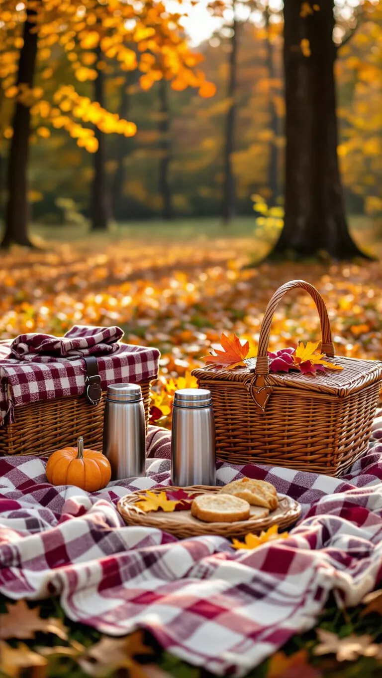 A photo of a picturesque fall picnic with checkered blankets, wicker baskets, thermoses, and colorful autumn leaves.