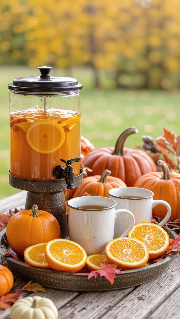 A photo of a charming fall-inspired drink station with a dispenser of apple cider, mugs, and sliced oranges, all set on a rustic table with fall decor.