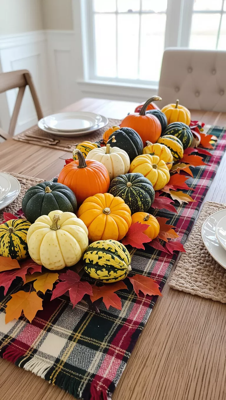 A photo of a cozy centerpiece with a plaid table runner, adorned with a variety of colorful gourds, small squashes, and scattered leaves.