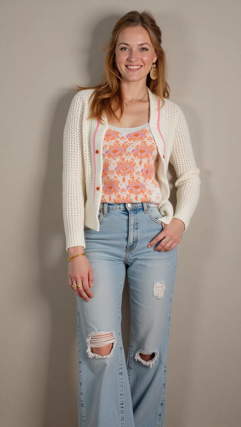 A beautiful young woman in a white and orange patterned knit cropped cardigan and matching top, with light wash ripped wide-leg jeans, female fashion model full body shot, editorial style photography.