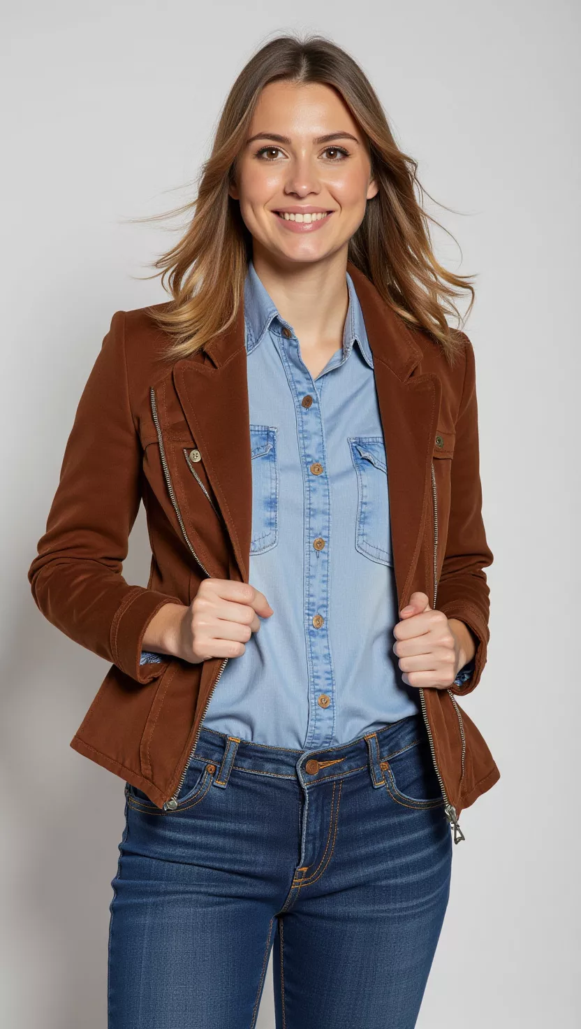 Suede Jacket with a Chambray Shirt A beautiful woman in a brown suede jacket, chambray shirt, and blue jeans, female fashion model full body shot, editorial style photography.
