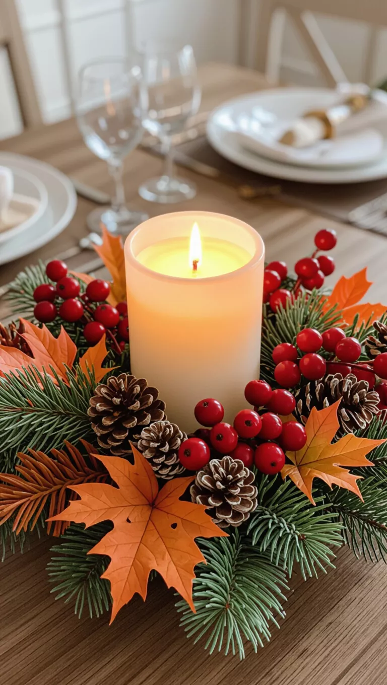 A photo of a glowing candle cluster centerpiece, surrounded by deep red berries, vibrant orange leaves, and small pinecones.