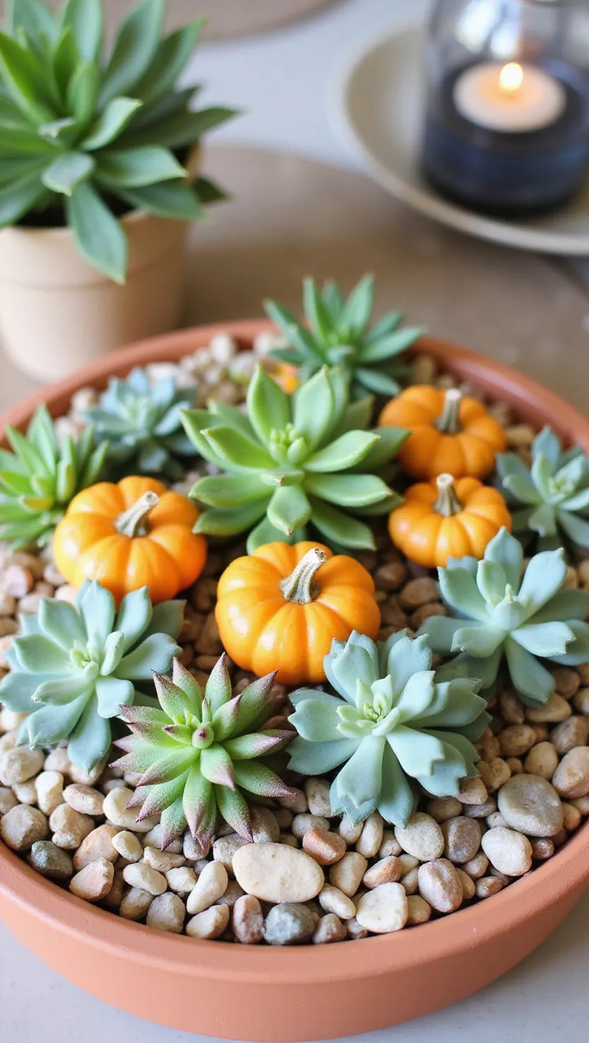 A photo of a charming mini-garden centerpiece, featuring small pumpkins nestled among various succulents and tiny pebbles.