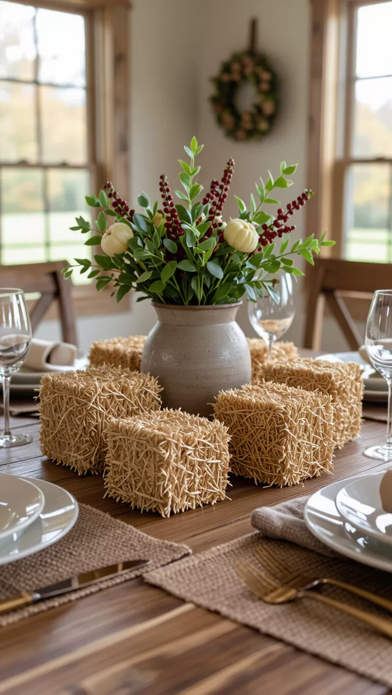 A photo of a rustic Thanksgiving table with miniature decorative hay bales, arranged simply as small accents around a centerpiece, evoking a charming farmhouse feel.