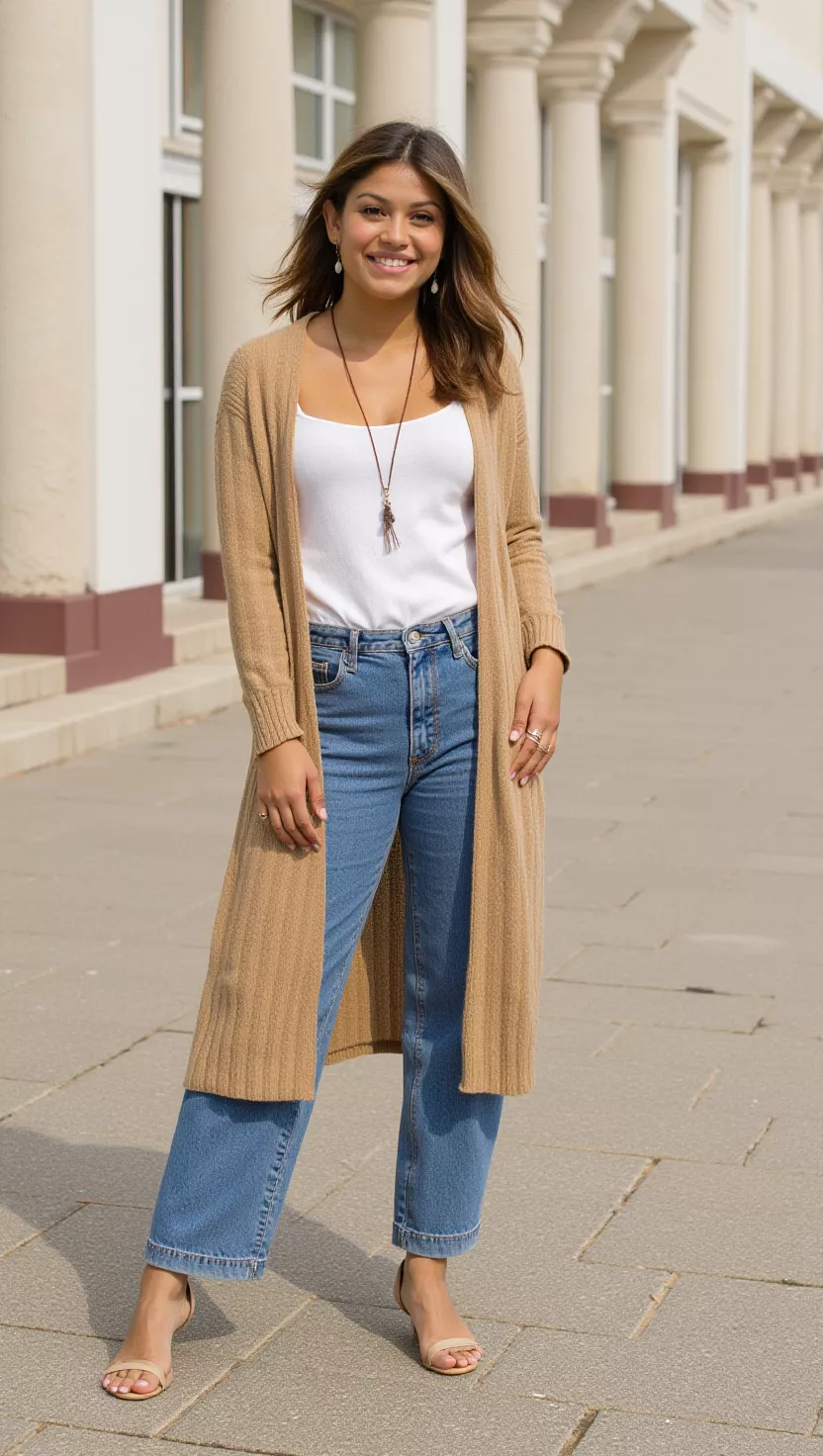 Light Brown Cardigan and Jeans A beautiful woman in a white top, blue jeans, and a light brown long cardigan, female fashion model full body shot, editorial style photography.