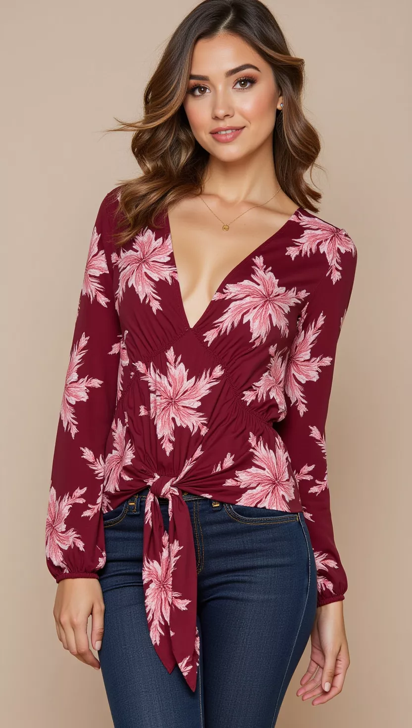 Burgundy Bliss A beautiful woman in a burgundy v-neck blouse with pink floral prints and cinched waist detailing, female fashion model full body shot, editorial style photography.