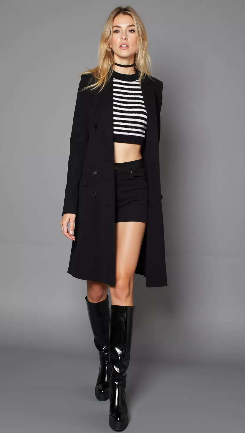 A beautiful woman in a long black tailored blazer, a black and white striped cropped knit top, black shorts, and shiny black knee-high boots, female fashion model full body shot, editorial style photography.