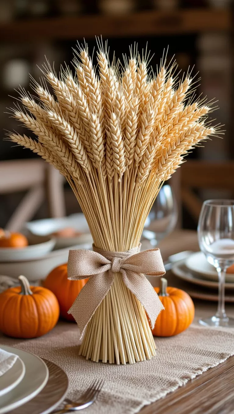 Wheat Sheaf Centerpiece A photo of a rustic Thanksgiving table with a beautiful centerpiece made from a compact bundle of dried wheat stalks, tied with a simple burlap ribbon, evoking a harvest theme.