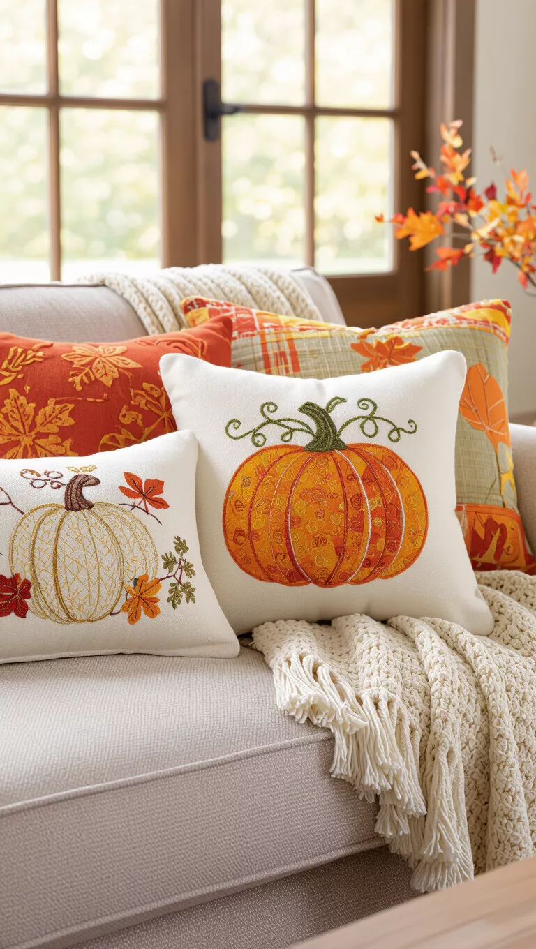 A photo of a sofa adorned with decorative throw pillows featuring embroidered pumpkin designs and autumnal patterns.