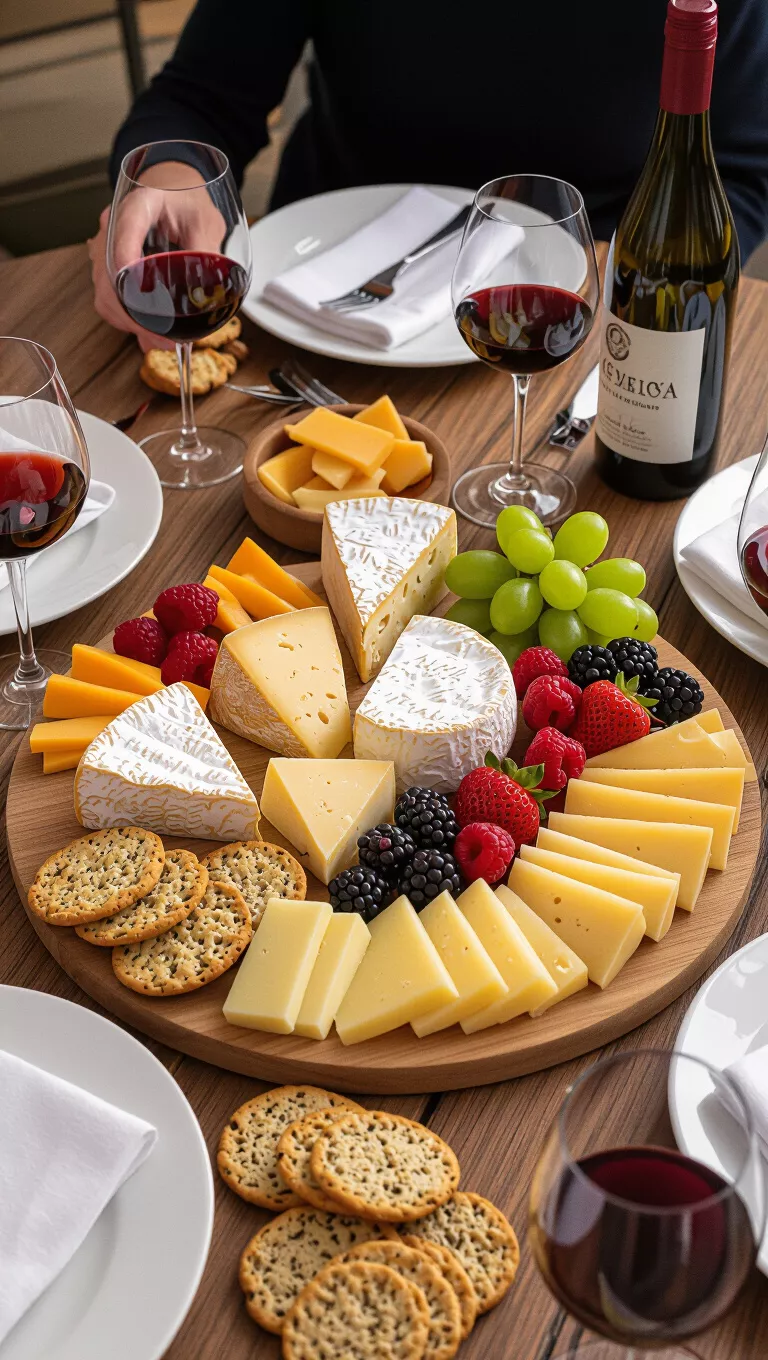 A photo of an elaborate cheese tasting party with diverse cheeses, crackers, fruits, and wine pairings.