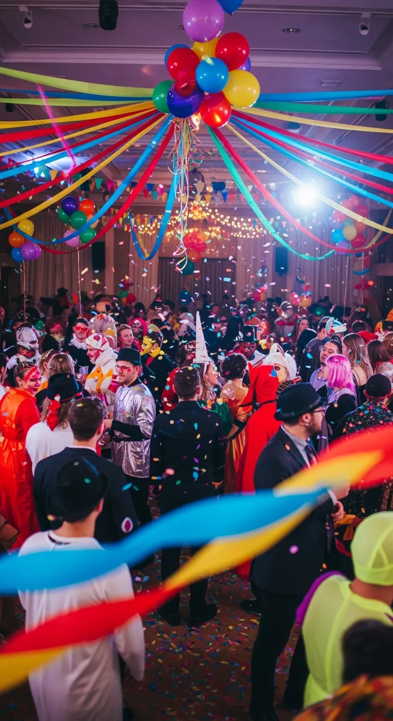 A photo of a lively costume party with people in diverse costumes, balloons, and colorful streamers.
