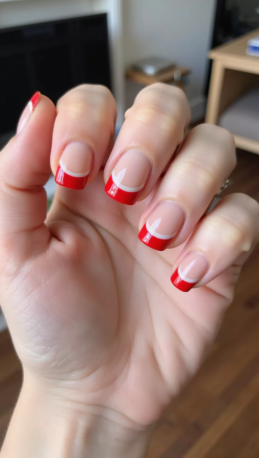 close-up shot of a woman’s hand with five fingers showing nails with a nude base polish, featuring a bright red classic French tip, and a delicate thin white line tracing the border between the red tip and the nude base, living room background.