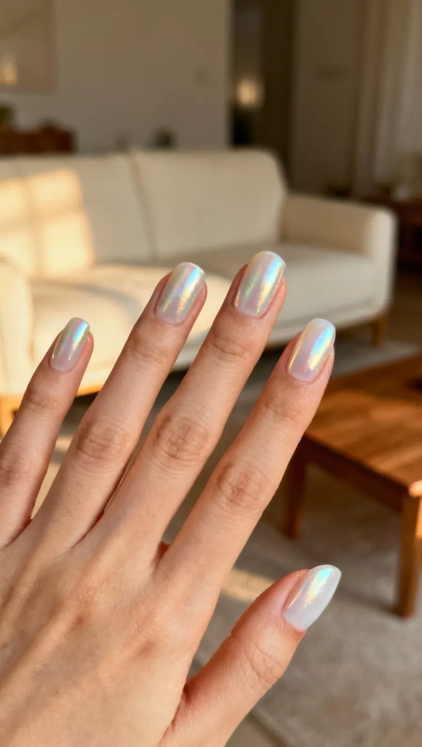 close-up shot of a woman’s hand with five fingers showing nails with a pale, iridescent pearl chrome finish over a sheer milky white base, living room background