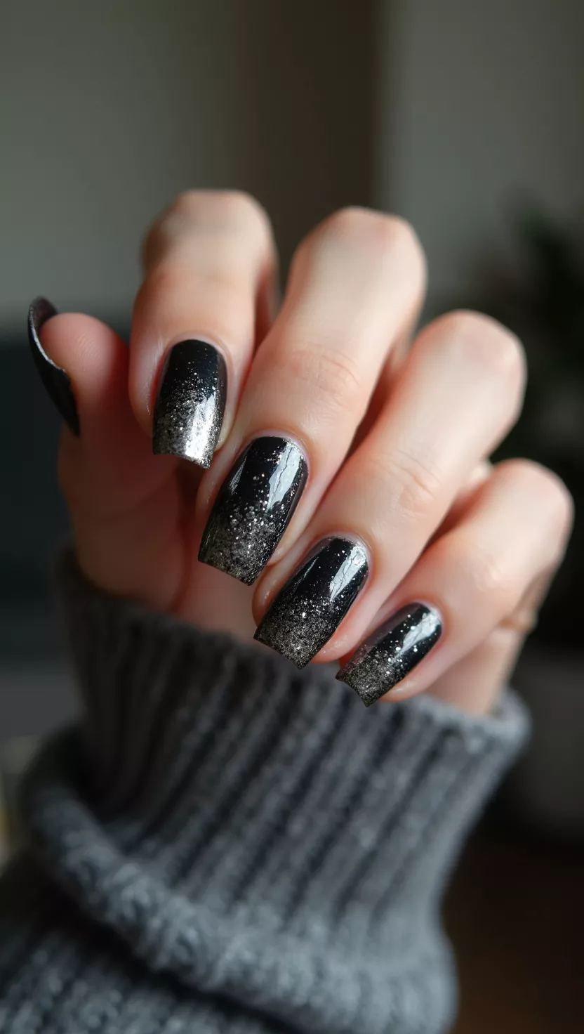 close-up shot of a woman’s hand with five fingers showing nails with a distressed, fractured foil effect blending black and dull pewter metallic tones, living room background.