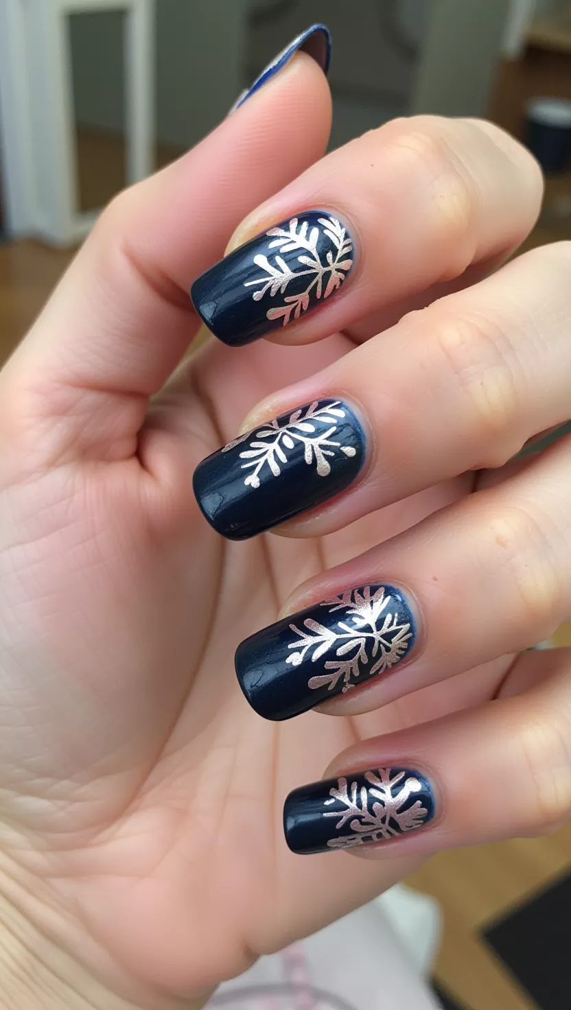 Cobalt Blue Snowflake Stamping close-up photo of a woman’s hand with five fingers showing nails with a solid dark cobalt blue base with delicate silver stamped snowflake designs, room background